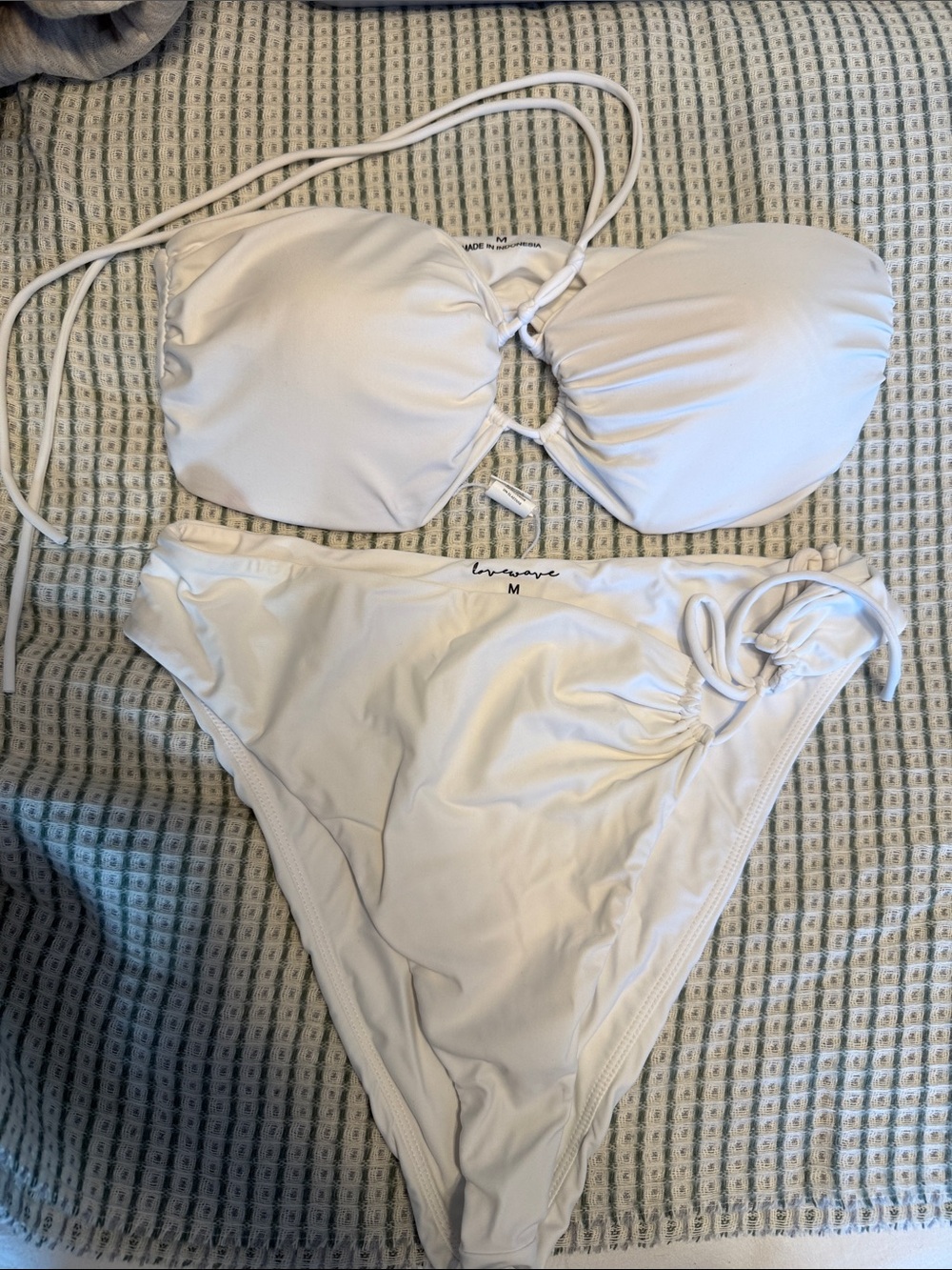 White Love wave bandeau bikini top and high waist bottom